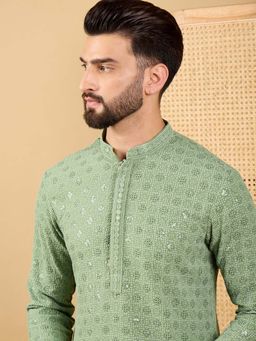 ETHNIC BAY - Men Green Viscose Rayon Embroidered Kurta with Pant