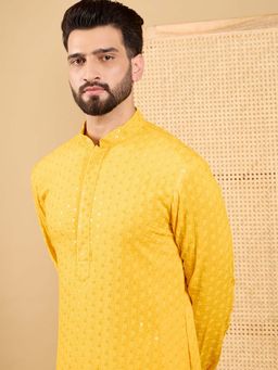 ETHNIC BAY - Men Yellow Viscose Rayon Embroidered Straight Kurta with Pant