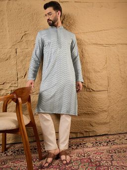 ETHNIC BAY - Men Grey Viscose Rayon Embroidered Straight Kurta with Pant