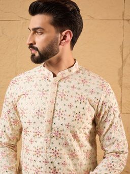 ETHNIC BAY - Men Off White Silk Blend Embroidered Straight Kurta with Pant