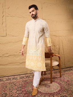 ETHNIC BAY - Men' Yellow Viscose Rayon Embroidered Straight Kurta with Pant