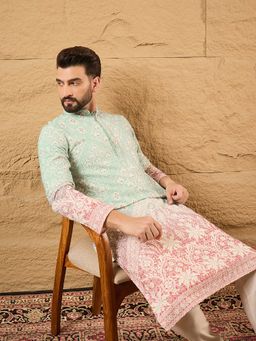 ETHNIC BAY - Men Teal Viscose Rayon Ethnic Motifs Embroidered Straight Kurta with Pant