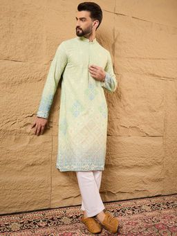 ETHNIC BAY - Men Green Viscose Rayon Bandhani Embroidered Straight Kurta with Pant