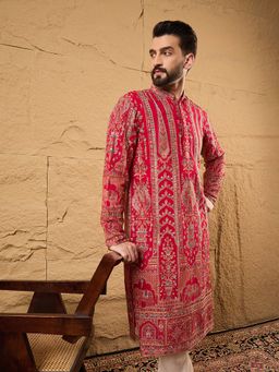 ETHNIC BAY - Men Pink Georgette Embroidered Straight Kurta with Pant