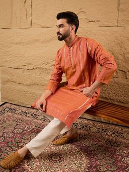ETHNIC BAY - Men Orange Pure Cotton Embroidered Straight Kurta with Pant