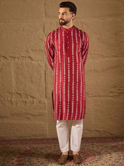 ETHNIC BAY - Men Maroon Viscose Rayon Ethnic Motifs Printed Straight Kurta with Pant