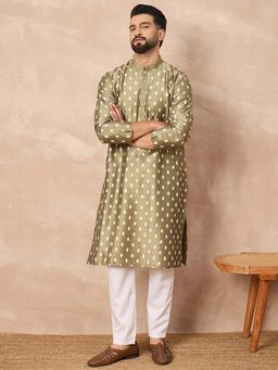 ETHNIC BAY - Men Olive Pure Silk Abstract Printed Straight Kurta with Pant