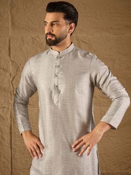 ETHNIC BAY - Men Grey Silk Blend Embroidered Straight Kurta with Pant