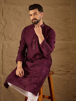 ETHNIC BAY - Men Purple Viscose Rayon Embroidered Straight Kurta with Pant
