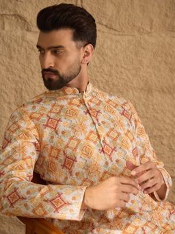 ETHNIC BAY - Men Cream Silk Blend Geometric Embroidered Straight Kurta with Pant