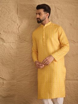 ETHNIC BAY - Men Yellow Silk Blend Geometric Embroidered Straight Kurta with Pant