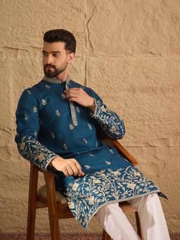 ETHNIC BAY - Men Blue Chanderi Silk Embroidered Straight Kurta with Pant