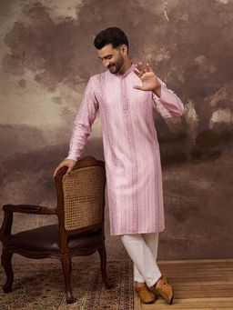ETHNIC BAY - Men Pink Viscose Rayon Embroidered Straight Kurta with Pant