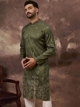 ETHNIC BAY - Men Olive Silk Blend Embroidered Straight Kurta and Pant