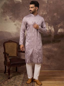ETHNIC BAY - Men Lavender Silk Blend Embroidered Straight Kurta and Pant