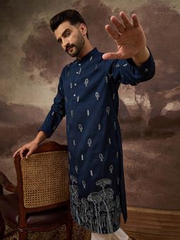 ETHNIC BAY - Men Navy Blue Silk Blend Embroidered Straight Kurta and Pant