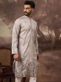 ETHNIC BAY - Men Grey Silk Blend Embroidered Straight Kurta and Pant