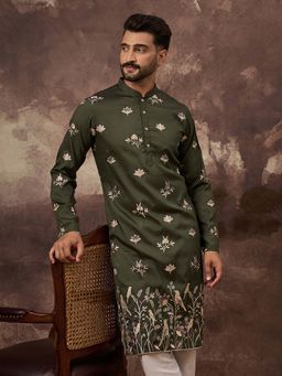 ETHNIC BAY - Men Olive Silk Blend Embroidered Straight Kurta and Pant