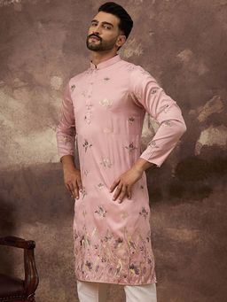 ETHNIC BAY - Men Peach Silk Blend Embroidered Straight Kurta and Pant