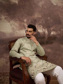 ETHNIC BAY - Men Green Silk Blend Embroidered Straight Kurta and Pant