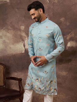 ETHNIC BAY - Men Blue Silk Blend Embroidered Straight Kurta and Pant