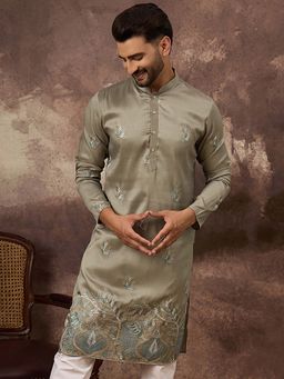 ETHNIC BAY - Men Green Silk Blend Embroidered Straight Kurta with Pant
