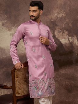 ETHNIC BAY - Men Pink Silk Blend Embroidered Straight Kurta with Pant