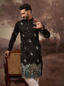 ETHNIC BAY - Men Black Silk Blend Embroidered Straight Kurta with Pant