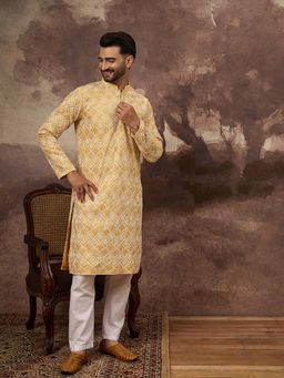 ETHNIC BAY - Men Yellow Viscose Rayon Embroidered Straight Kurta with Pant