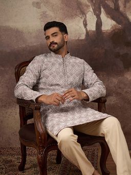 ETHNIC BAY - Men Mauve Viscose Rayon Embroidered Straight Kurta with Pant