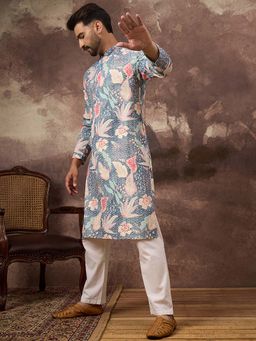 ETHNIC BAY - Men Blue Viscose Rayon Floral Embroidered Straight Kurta with Pant