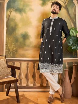 ETHNIC BAY - Men Black Silk Blend Embroidered Straight Kurta with Pant