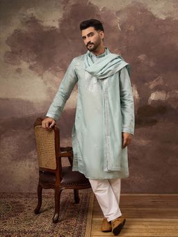 ETHNIC BAY - Men Blue Silk Blend Embroidered Straight Kurta Pant with Dupatta