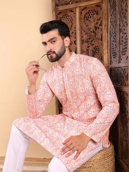 ETHNIC BAY - Men Peach Ikat Printed Straight Kurta