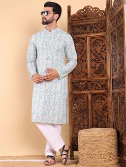 ETHNIC BAY - Men Teal Ikat Printed Straight Kurta