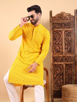 ETHNIC BAY - Men Mustard Embroidered Straight Kurta