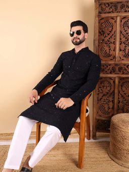ETHNIC BAY - Men Black Embroidered Straight Kurta