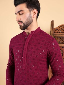 ETHNIC BAY - Men Wine Embroidered Straight Kurta