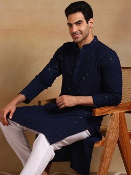 ETHNIC BAY - Men Blue Embroidered Straight Kurta