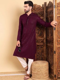ETHNIC BAY - Men Wine Embroidered Straight Kurta