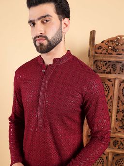 ETHNIC BAY - Men Maroon Embroidered Straight Kurta