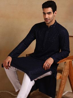 ETHNIC BAY - Men Blue Embroidered Straight Kurta
