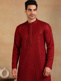ETHNIC BAY - Men Maroon Embroidered Straight Kurta