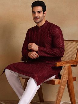 ETHNIC BAY - Men Wine Embroidered Straight Kurta