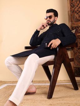 ETHNIC BAY - Men Blue Embroidered Straight Kurta