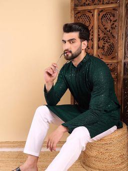 ETHNIC BAY - Men Green Embroidered Straight Kurta