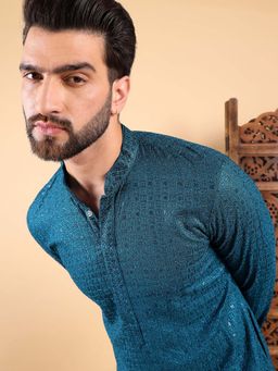 ETHNIC BAY - Men Teal Embroidered Straight Kurta