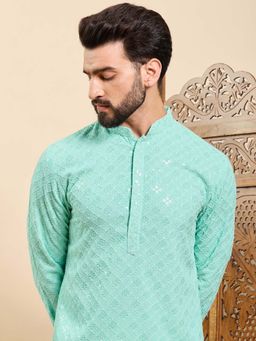ETHNIC BAY - Men Turquoise Embroidered Straight Kurta