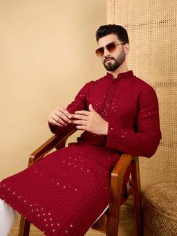ETHNIC BAY - Men Red Embroidered Straight Kurta