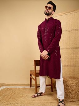 ETHNIC BAY - Men Maroon Embroidered Straight Kurta